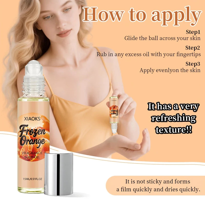 Women's orange-scented roll-on perfume, elegant citrus fragrance, light and natural scent, uniquely refreshing, increases the likelihood of attracting attention from the opposite sex. Selected perfume ingredients, alcohol-fre