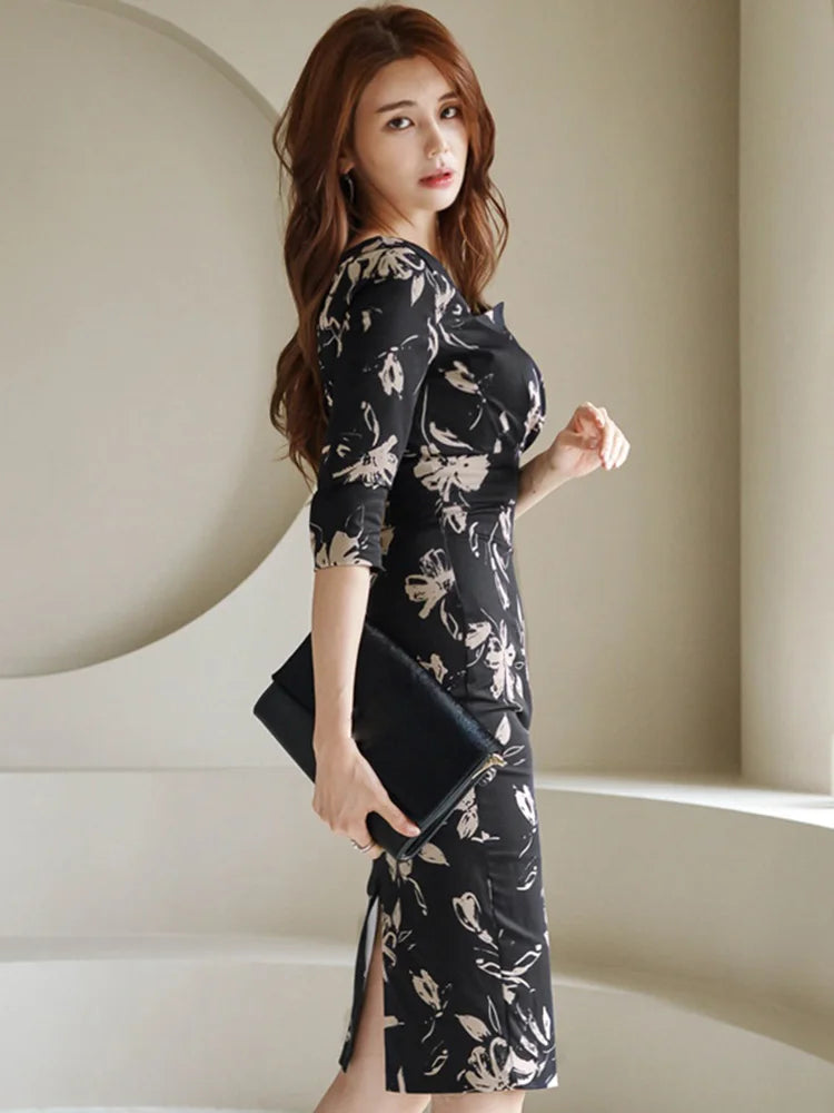 Elegant Floral Square Collar Dress
