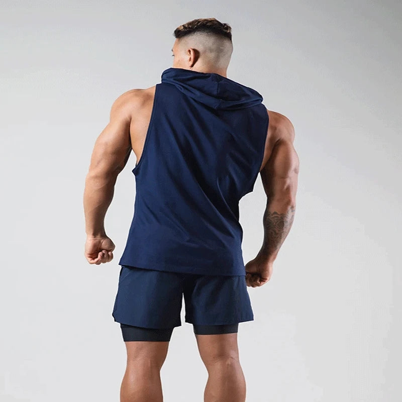 Men's Workout Hooded Tank Tops Bodybuilding Muscle Cut Off T Shirt Sleeveless Gym Hoodies