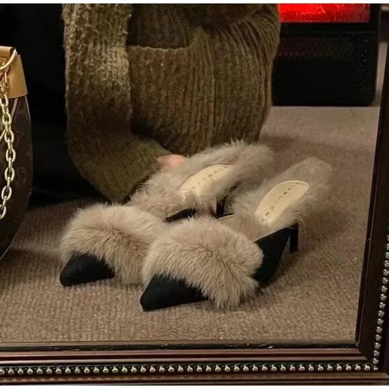 Fur Pointed Mule High Heels