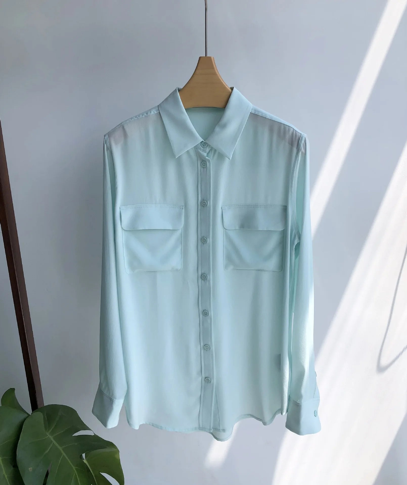 Women Real Silk Shirts Classic Double Pockets Solid Color Casual Fashion Long Sleeve Thin Shirt Blouses Tees