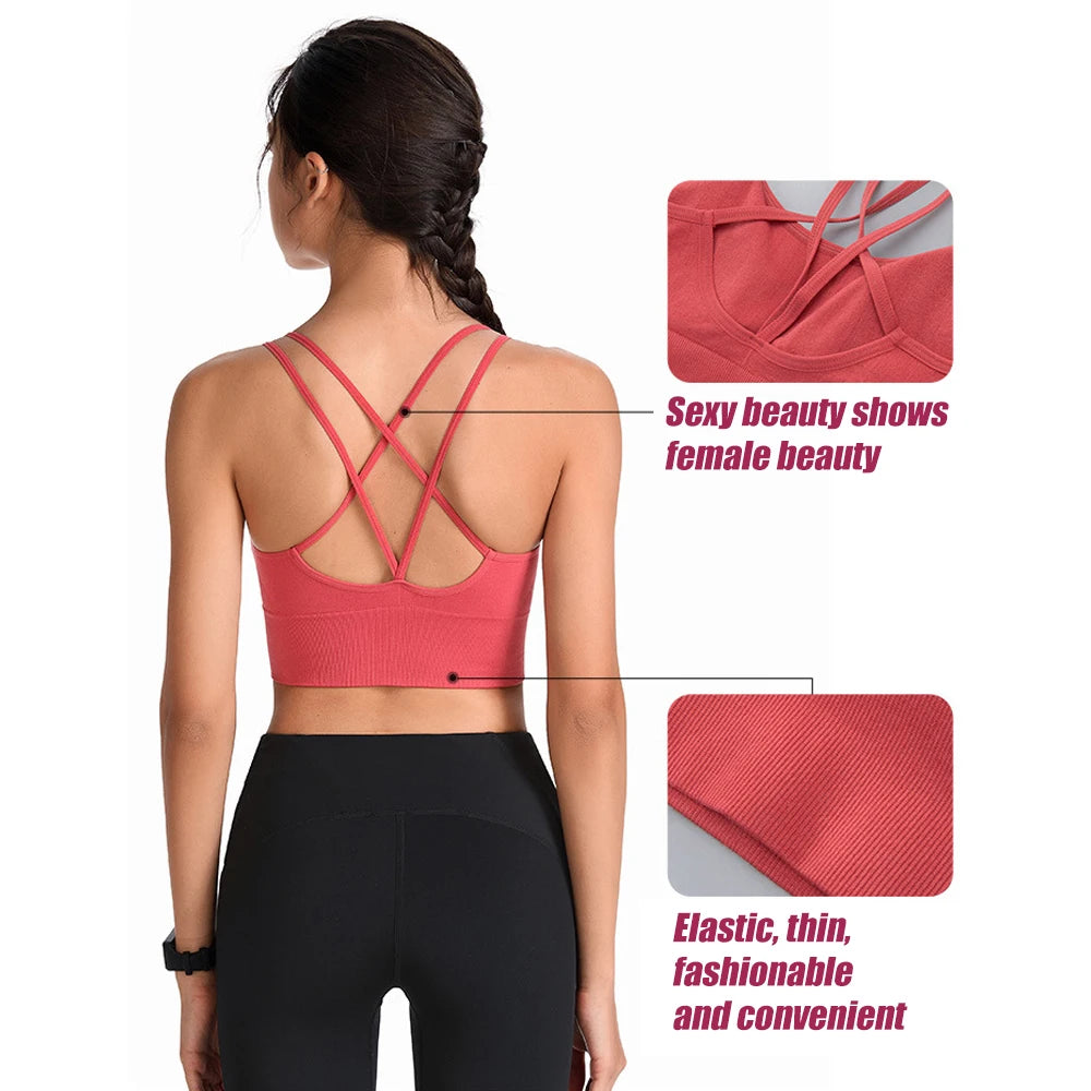 1Pcs Women Sports Bras Seamless Criss Cross Back Sexy Padded Fitness Yoga Vest Gym Running Crop Top Breathable Beauty Bras