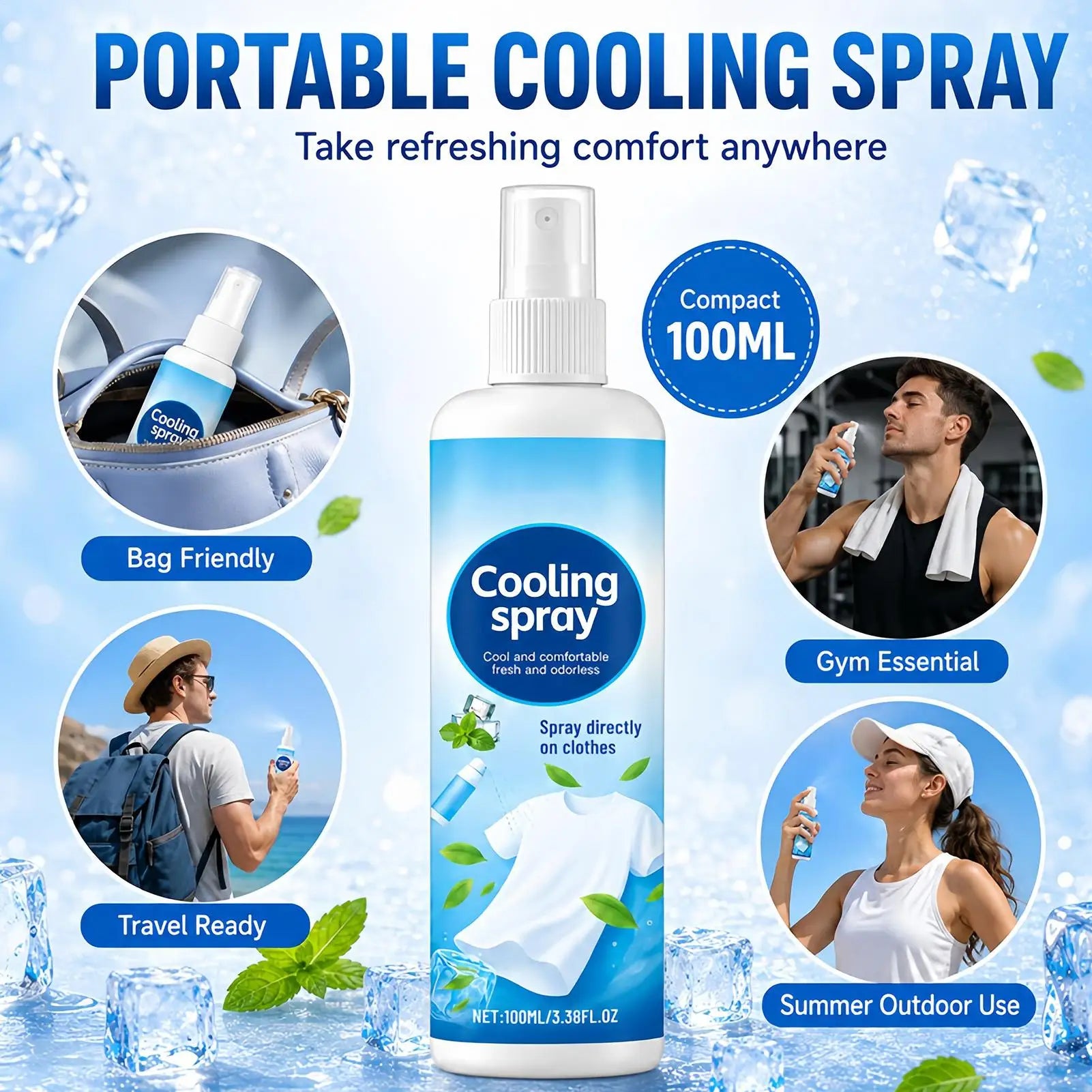 Effective Portable Cooling Spray 100ml Long Lasting Hydrating Body Mist for Summer Outdoor Sports Gym Travel Soothing Skin Face