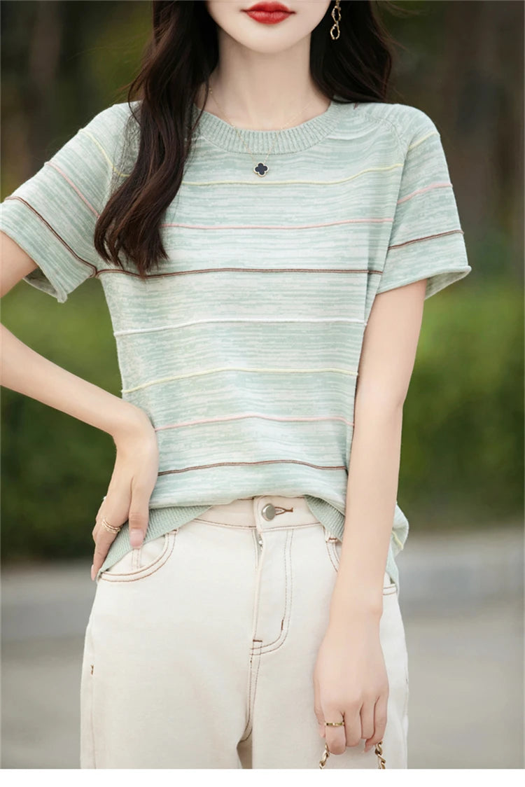 Women's T-shirts Summer New 100% Cotton Short Sleeve Casual Striped Knit Blouse Round Neck Tops Loose Pullover Tees