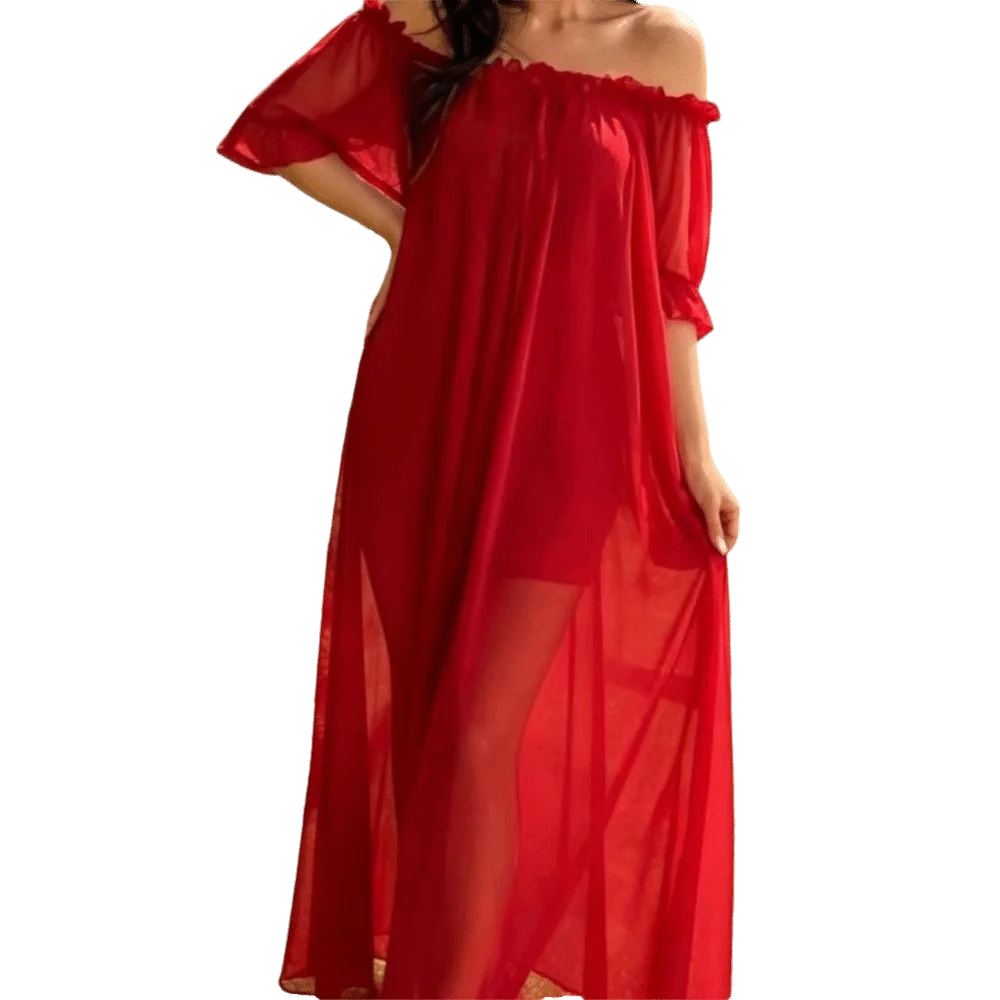 Home Dress Off Shoulder Sheer Nightgown V-neck Ruffle Mesh Nightdress Transparent Short Sleeve Long Sleeping Dress Sleep