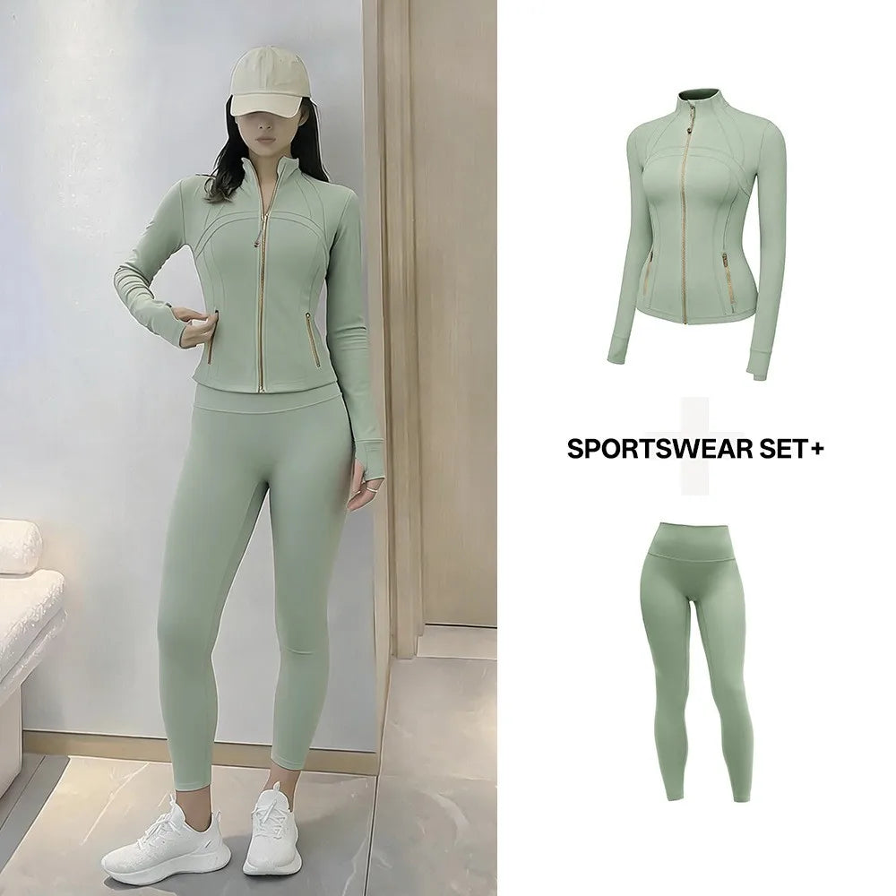Women's Yoga Set Stand Collar Zip Jacket, Slim Fit Long Sleeve Sports Fitness Yoga Wear
