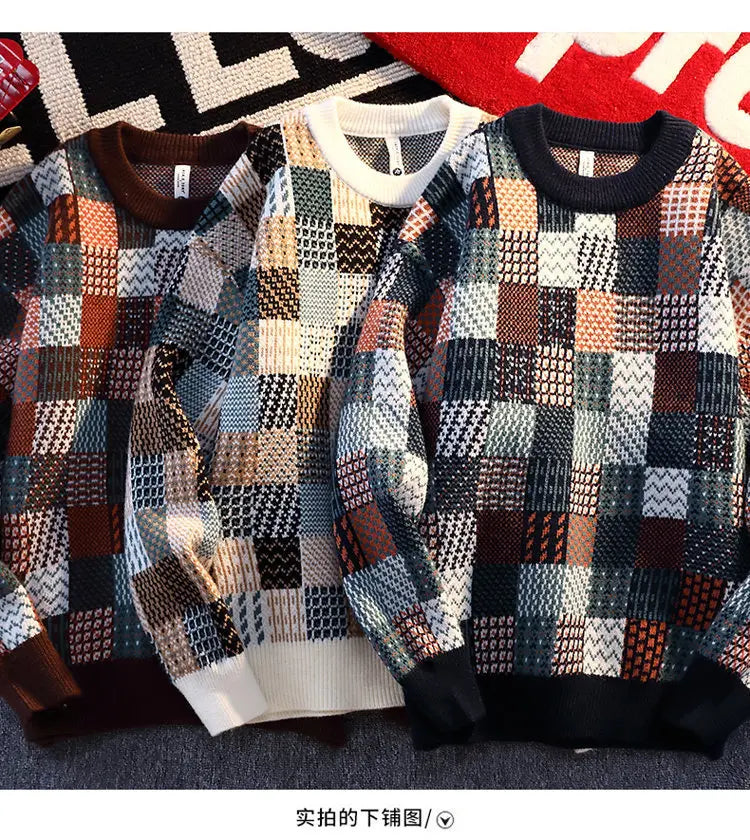 New Fashion Men Plaid Pullover Winter Sweaters Outwear Loose Casual Knitted Sweaters Male O-neck Pullovers Sweatercoats Size 4XL