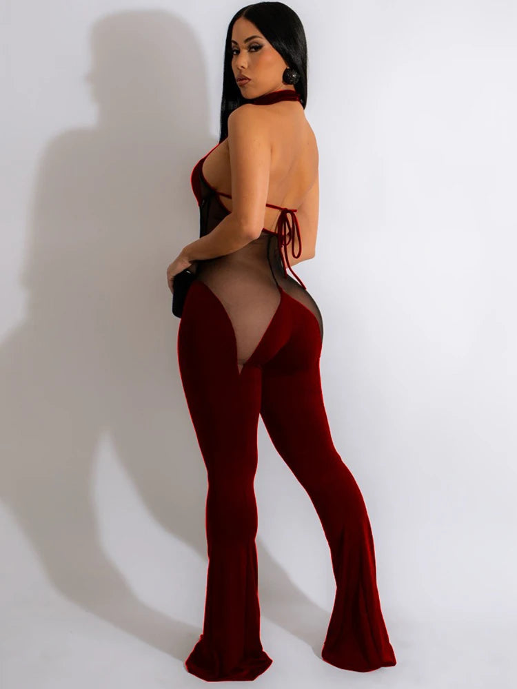 Sheer Lace Halter Flare Jumpsuit