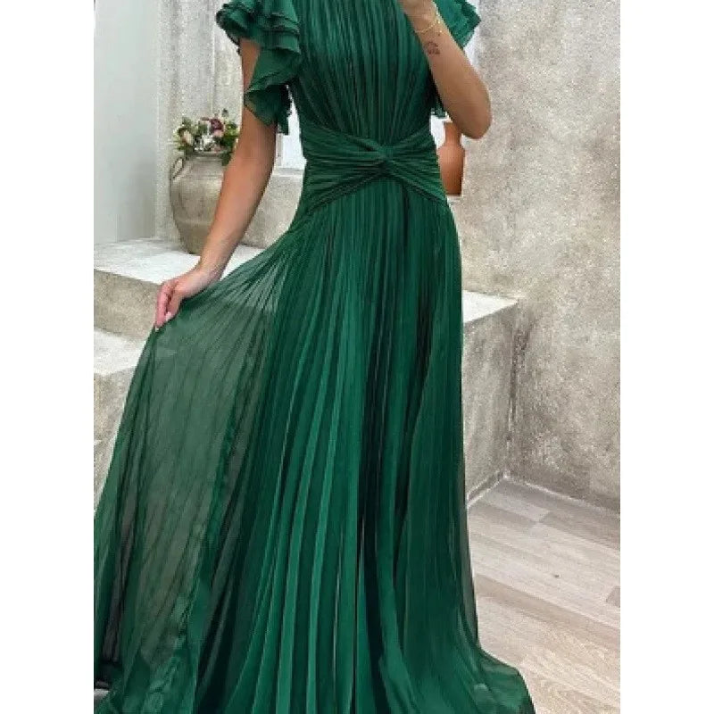 Wedding Guest Dress Elegant Party Long A Line Cap Sleeve Dresses Evening Pleated Off Shoulder Maxi Dress Fuchsia Pink Solid
