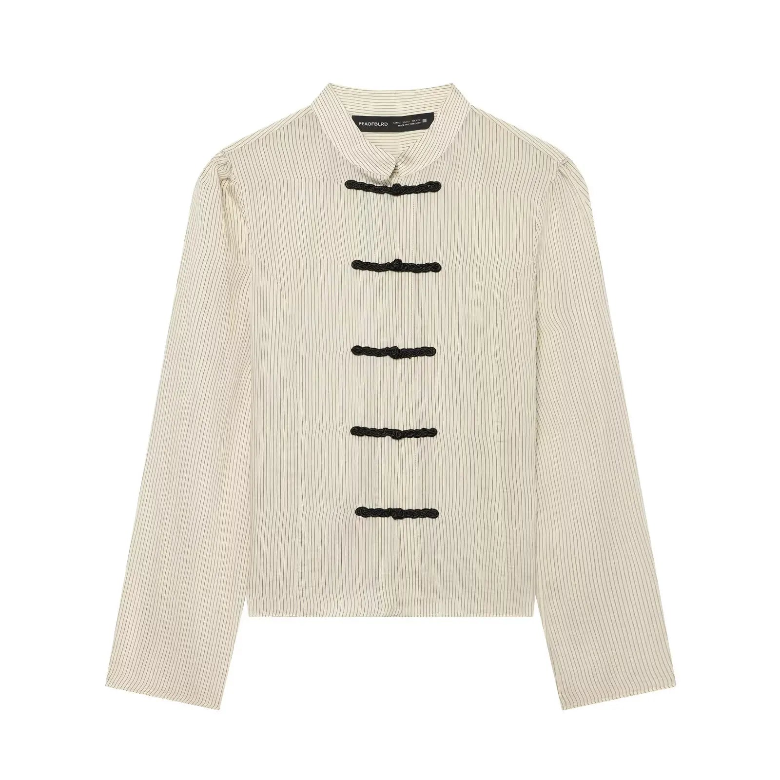 Women Trendy Sexy Striped Shirts Summer Female Chic Rope Buttons Sheer Shirts Lady High Street Elegant Long Sleeve Blouse Tops