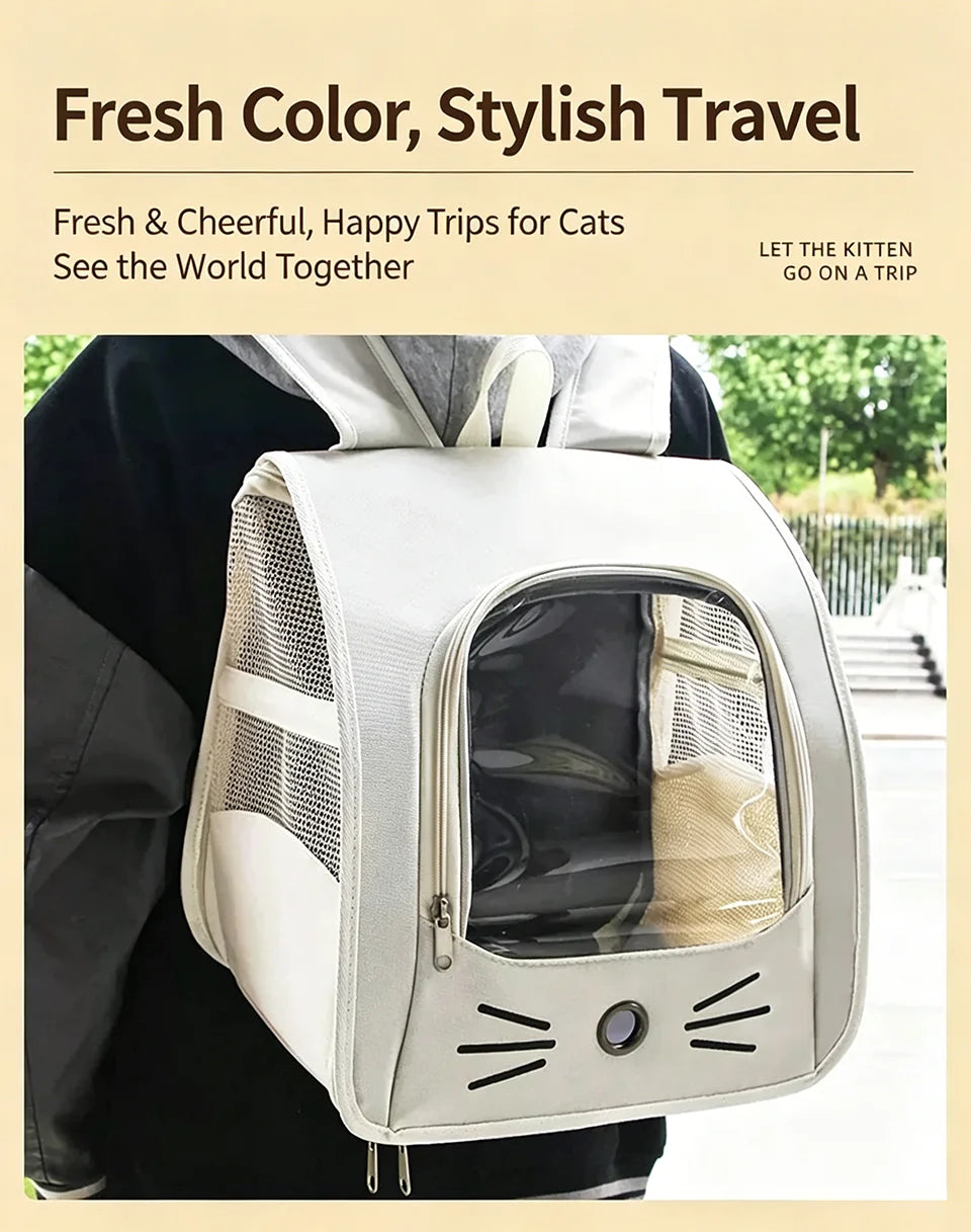 Breathable Oxford Pet Cat Carrier Backpack for Small Dogs, Portable Transparent Travel Outdoor Bag with Side Mesh Pockets, Airy