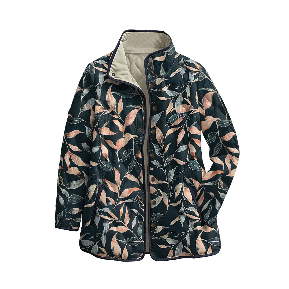 Quilted Leaf Print Winter Jacket