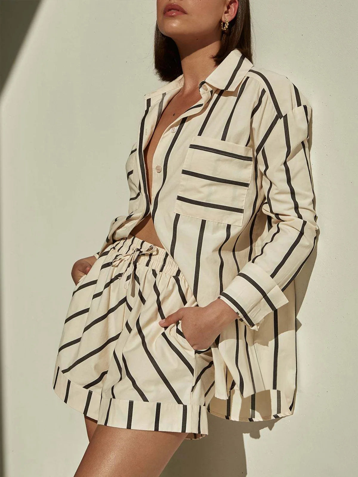 Striped Button Blouse Shorts Set