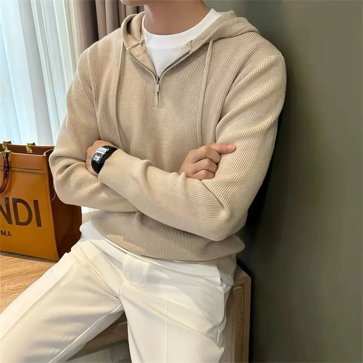 Hooded New Internet Celebrity Men's Sweater Versatile Popular Autumn Winter Solid Color Zipper Bottoming Trendy Hoodies Casual