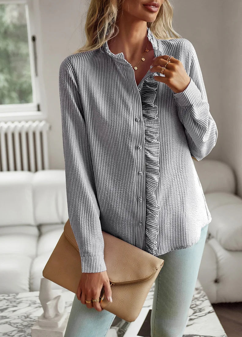 Women's Shirt Elegant Long Sleeve Ruched Stand Neck Office Lady Blouse Casual Button Shirts Harajuku Tunics Street Simple Tops