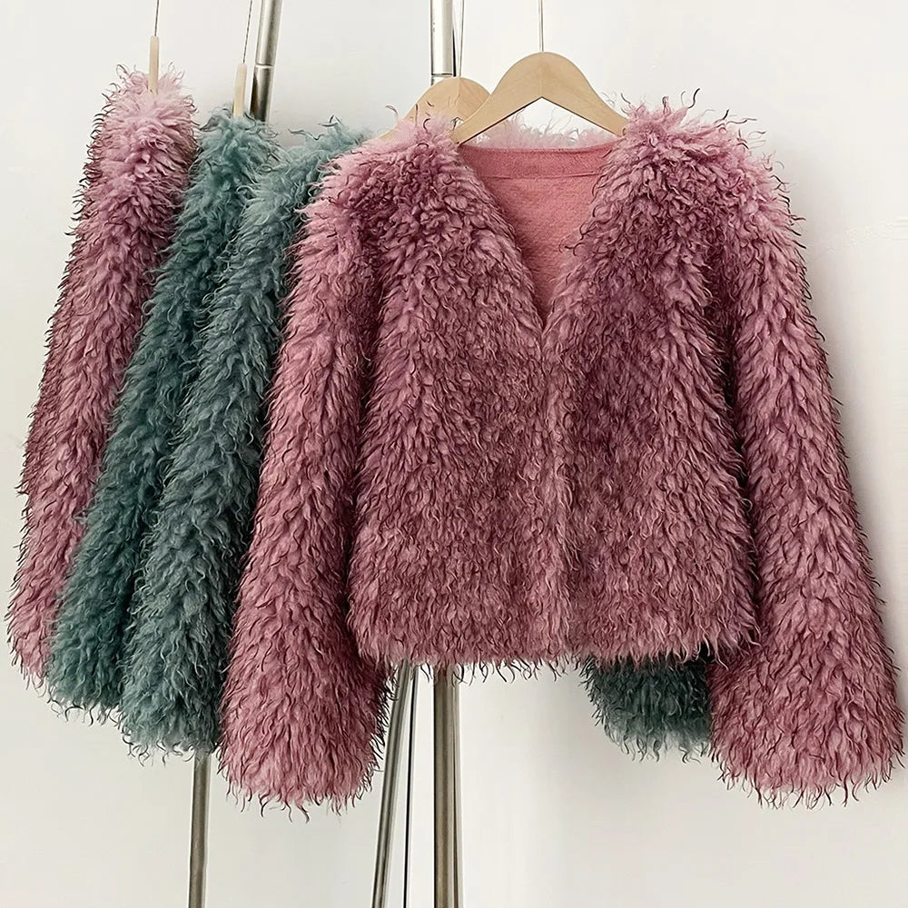Fur Coat Eco-friendly Coats for Woman Artificial Winter Fur Coat Warm Women's Clothing New in Coats & Jackets Women Tops Stones