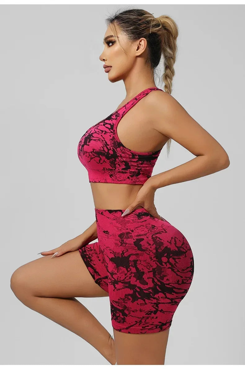 Women Seamless Tie Dye Yoga Set Quick Dry Sports Bra Shorts Lightweight Breathable Workout Outfit