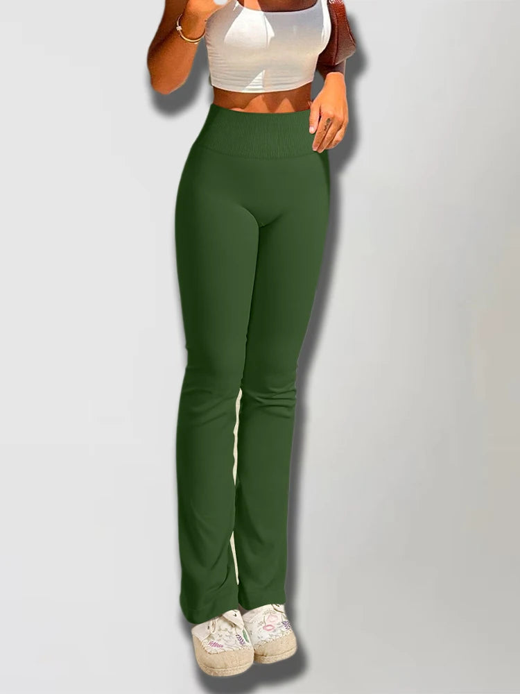 Solid Leggings for Women Seamless Knit Yoga Pants Flared Trousers High Waist Hip Liftting Tights Slim Casual Sports Leggings