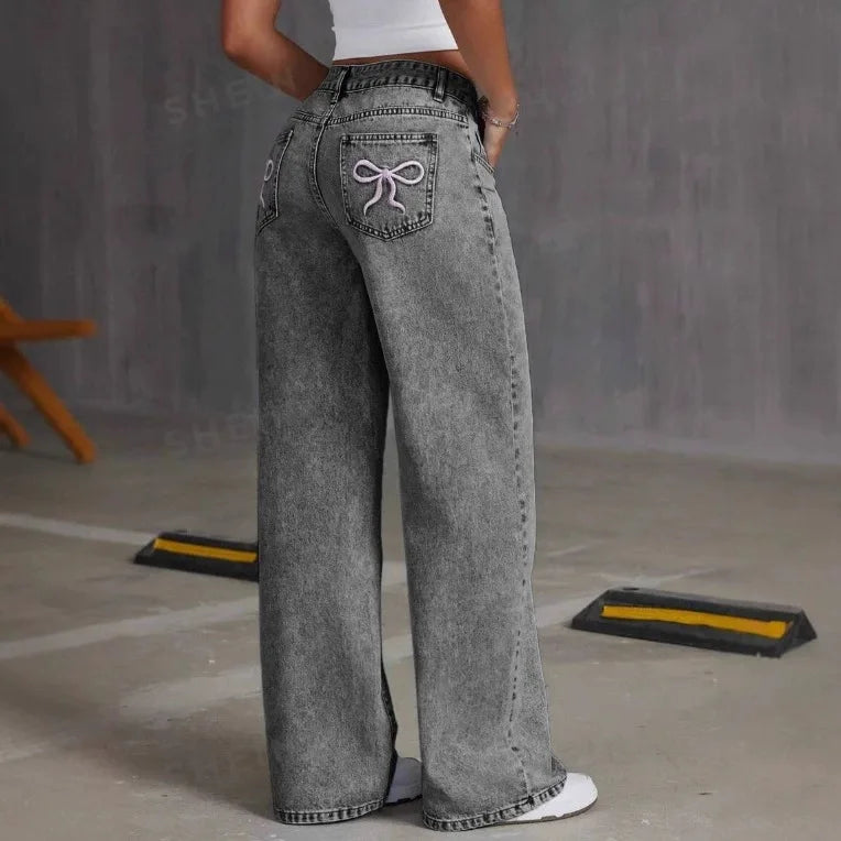 Mens Jeans Vintage Bow Embroidery Washed Denim Pants Harajuku Unisex Loose Fit Straight Leg Streetwear Casual Fashion Trend New