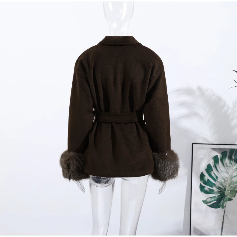 Elegant Women's Lace Up Woolen Coats Solid Full Sleeve Turn-down Collar Loose Lady Coats 2025 Autumn Winter Female Streetwear