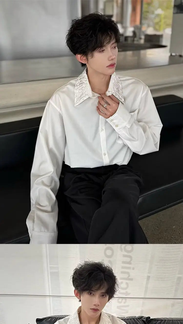 Men's Satin Shirt with Embellished Collar