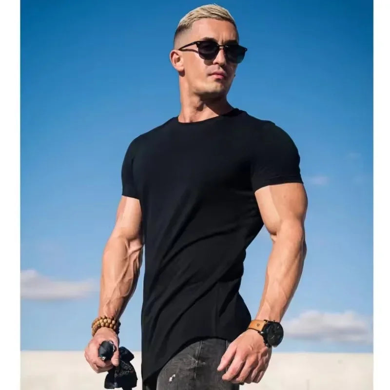 Muscle Training T-shirt Men's Summer Workout Short Sleeve T-shirt High Quality Cotton Fitness Men T-shirt Gym Solid Color Tops
