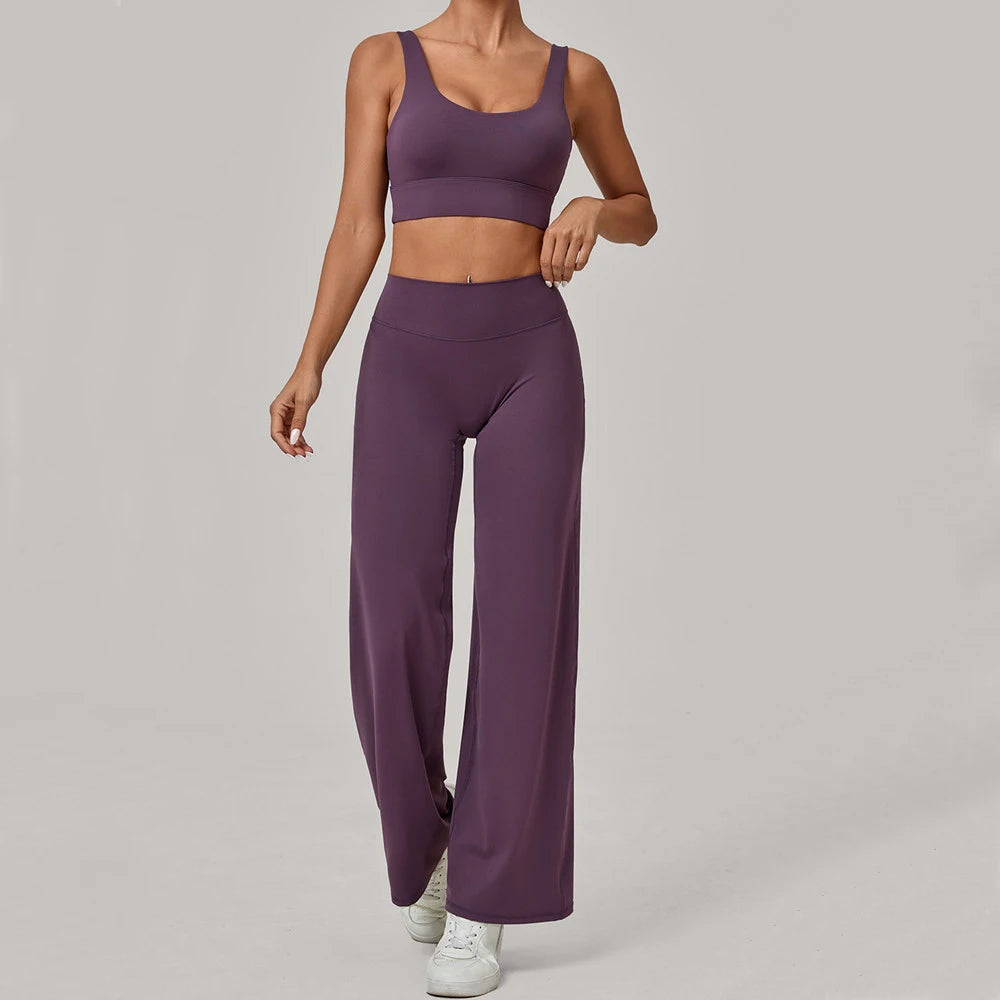 2PCS Yoga Set Women Yoga Pant Workout Tracksuit Sportswear Gym High Waist Straight Leg Bottoms Fitness Bta Sports Suit XP01