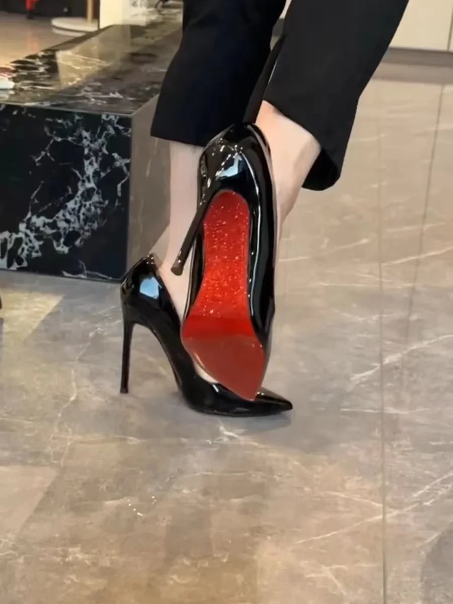 High Heels Women's Slim Heels New Stunning and Sexy Wedding Shoes Black Patent Pointed Single Shoes High Heels Туфли Женские