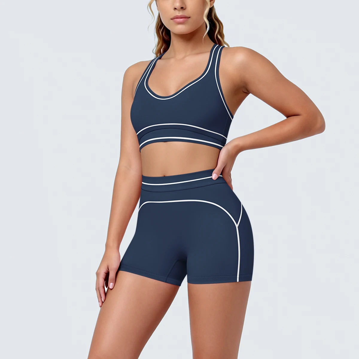 New Woman Yoga Set Color Blocking Sexy Sport Bra Yoga Underwear with Chest Pad High Waist Stripe Running Fitness Shorts Yoga Set