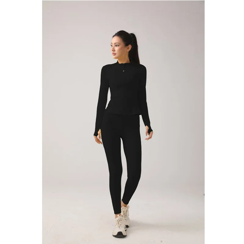 Women's Fitness Set Stand-Up Collar Long-Sleeve Yoga Top High-Waisted Leggings Running & Fitness Set