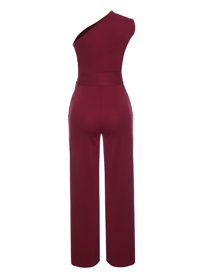 Elegant Skew Collar Belted Jumpsuit