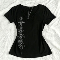 T Shirts Women V Neck Slim Vintage Printing Elegant Grunge Gothic Y2k Aesthetic Harajuku Tops Ladies Casual Tee Shirt