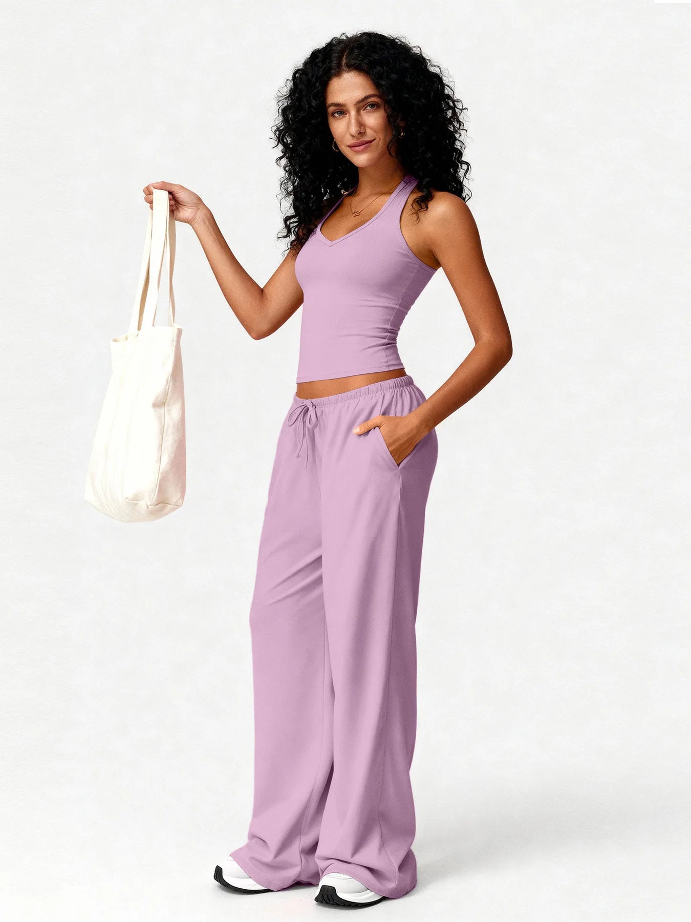 Women 2 Piece Yoga Outfit Ribbed Halter Crop Tank Top Drawstring Wide Leg Pants Set Casual Workout Gym Loungewear Tracksuit