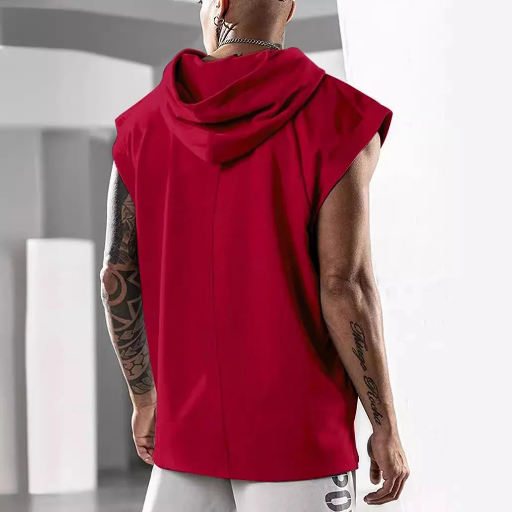 2026 Men Tank Top  Fitness Training Pullover Leisure Fashion Sleeve Men's Hooded Vest Solid Color Tank Tops For Male