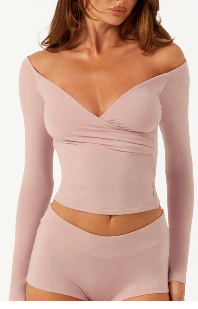 C-B Women's Yoga Set: Long-sleeved V-neck T-shirt & High-waisted Cuffed Shorts & Leggings, Suitable for Gym Workouts.