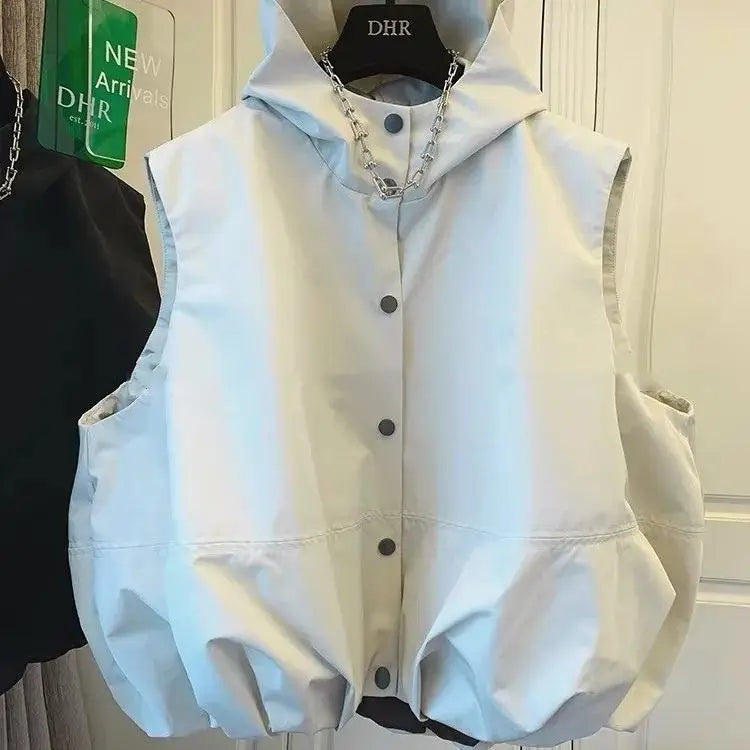 Women Hooded Vests Coats Single Breasted Loose Casual Tops Spring Autumn Korean Simple All-match Breathable Waistcoat