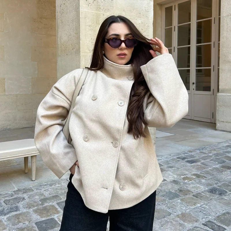 2025 Autumn Woolen Coats Women Casual Double Breasted Stand Collar Female Office Short Jackets Chic Lady Loose Street Outwear