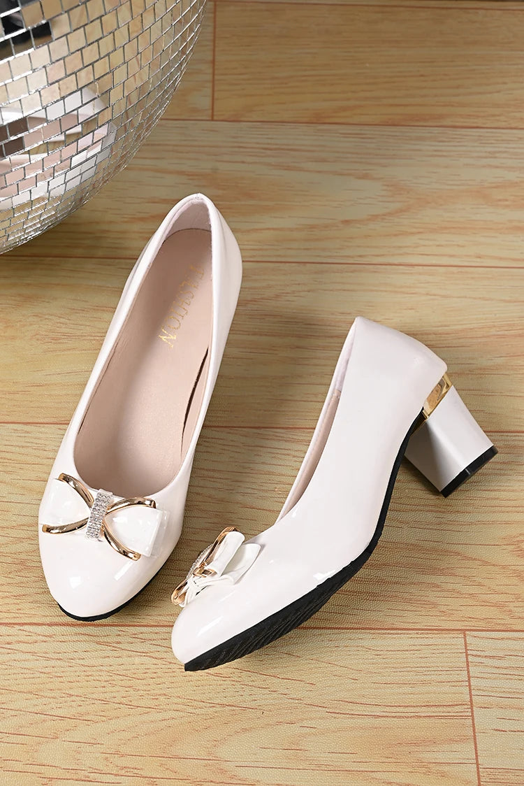 Women High Heels Low Heels Fashion Bling Bow patent leather Professional Casual Pumps Woman Wedding Party Shoes Large Size 42