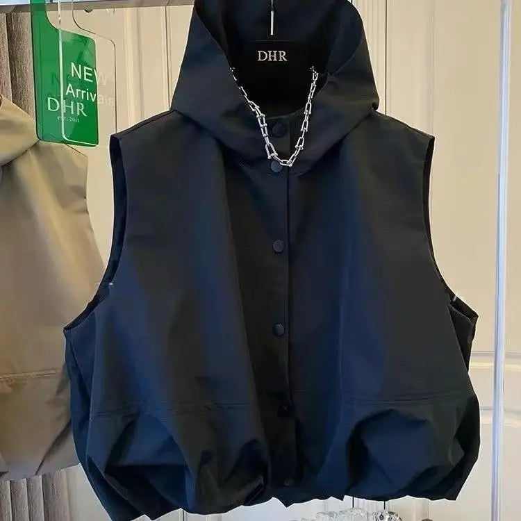 Women Hooded Vests Coats Single Breasted Loose Casual Tops Spring Autumn Korean Simple All-match Breathable Waistcoat