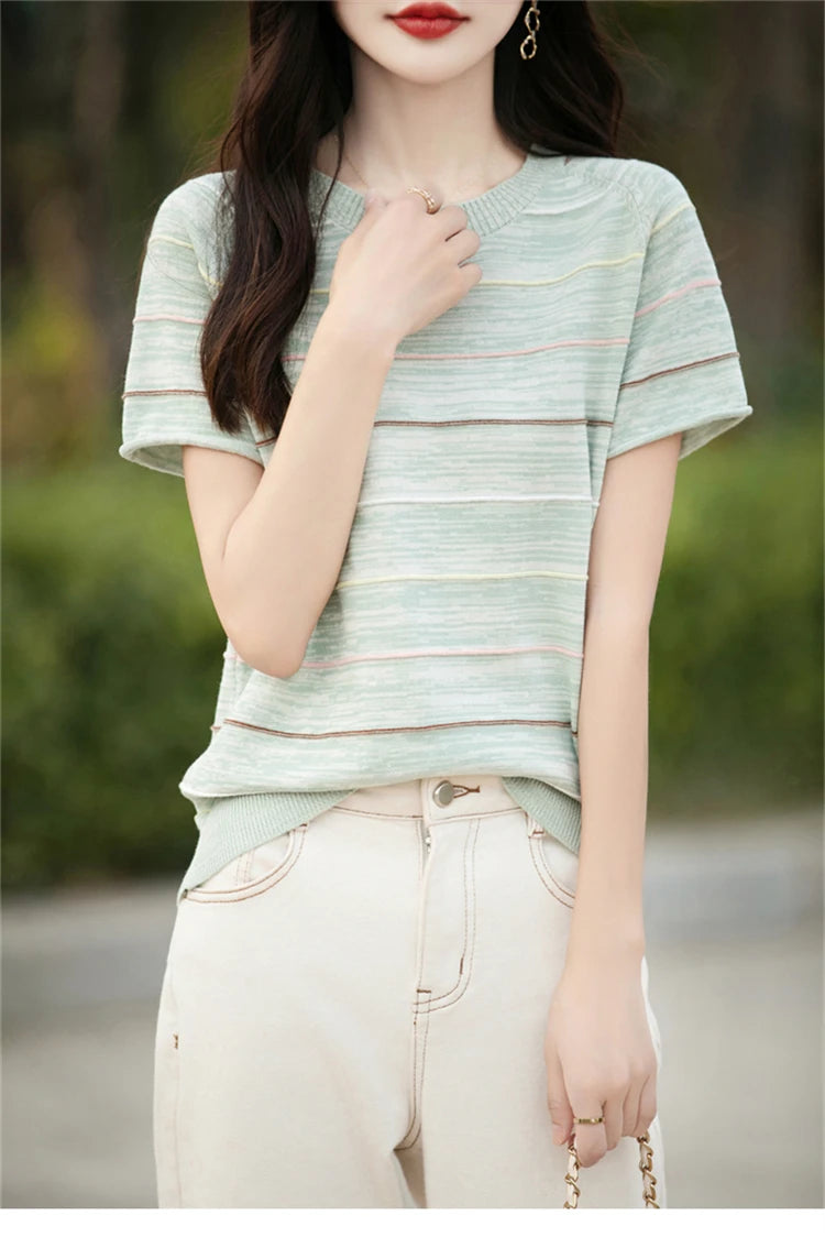 Women's T-shirts Summer New 100% Cotton Short Sleeve Casual Striped Knit Blouse Round Neck Tops Loose Pullover Tees
