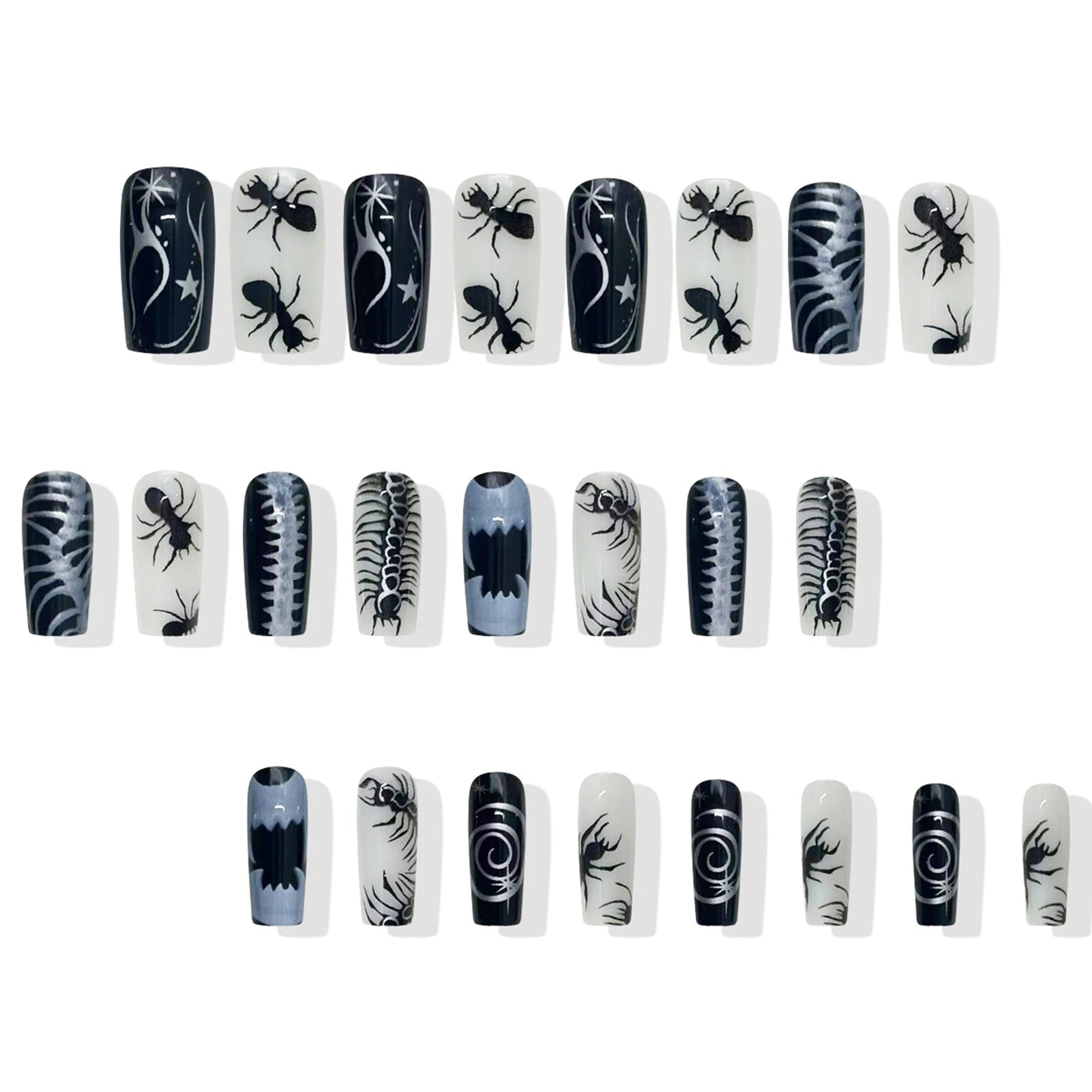24pcs Thriller Style False Nails With Halloween Ant Bugs Pattern Wearable Press On Nails Ballet Black Punk Nail Art Decoration