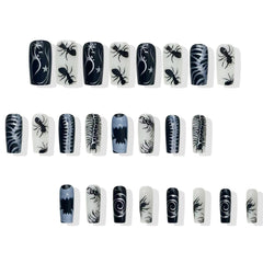 24pcs Thriller Style False Nails With Halloween Ant Bugs Pattern Wearable Press On Nails Ballet Black Punk Nail Art Decoration