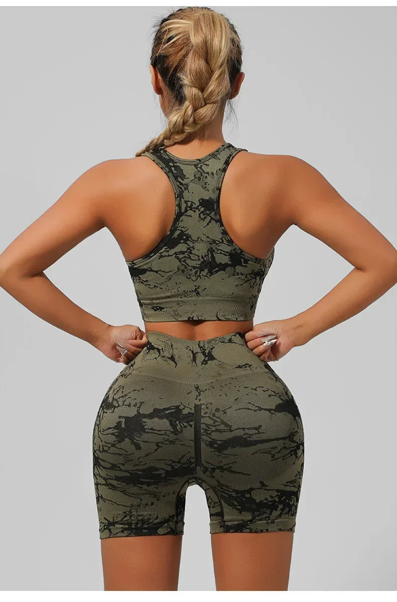 Women Seamless Tie Dye Yoga Set Quick Dry Sports Bra Shorts Lightweight Breathable Workout Outfit