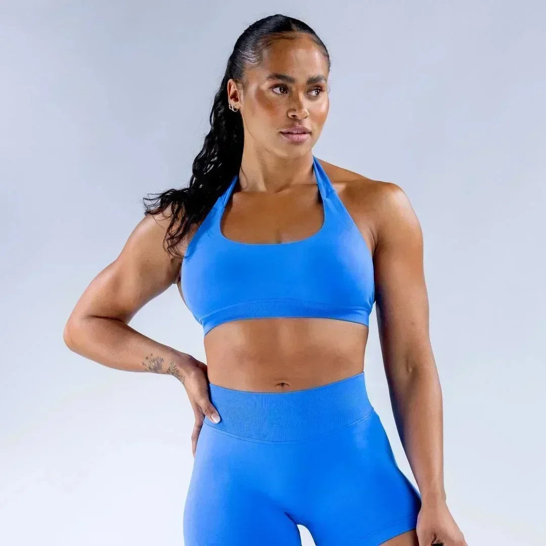 KEEP THAT PUMP Strappy Sports Bra With Logo High Support Womens Yoga Seamless Workout Top Elasticity Fitness Running Gym Bras