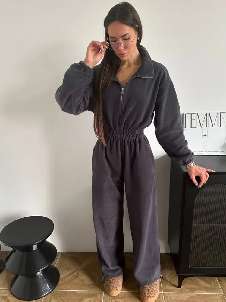 Jumpsuit Women 2026 New Fashionable Long Sleeved Jumpsuit for Women's Casual Half Open Collar Elastic Waist Jumpsuit
