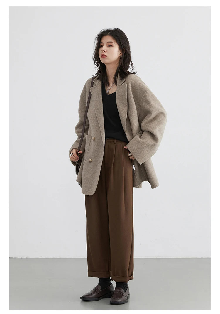 CHIC VEN Women's Woolen Coats Loose Casual Double Breasted Retro Double-sided Jacket Office Lady Outerwear Autumn Winter 2026