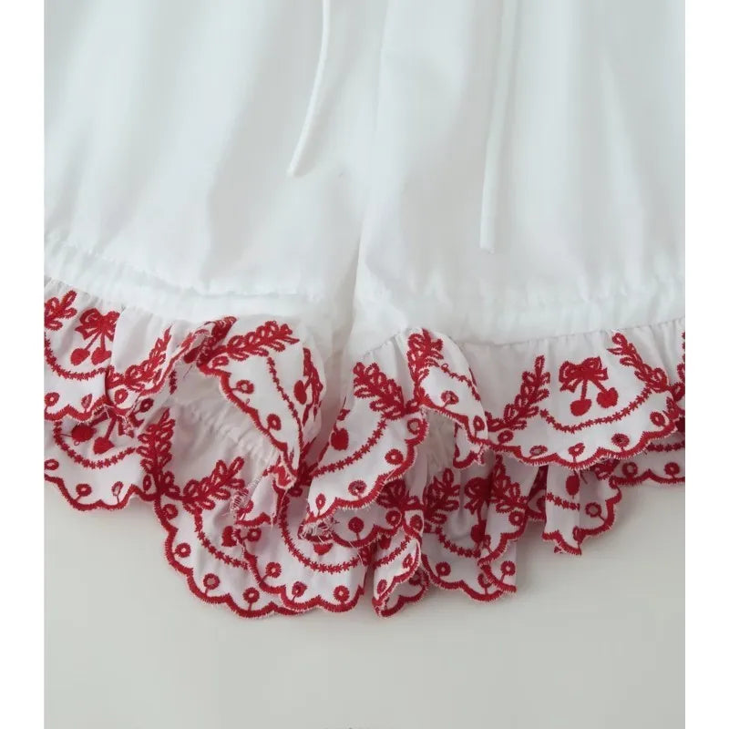 Women's Embroidered Shorts Summer New Elastic Waist With Pockets Lace-up Shorts Fashion Casual Female Shorts