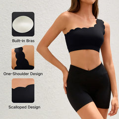 Anfilia Women Sports Bras Fashion Fitness One-Shoulder Design Scalloped Built-In Bras Quick Dry Breathable Yoga Gym Running Tops