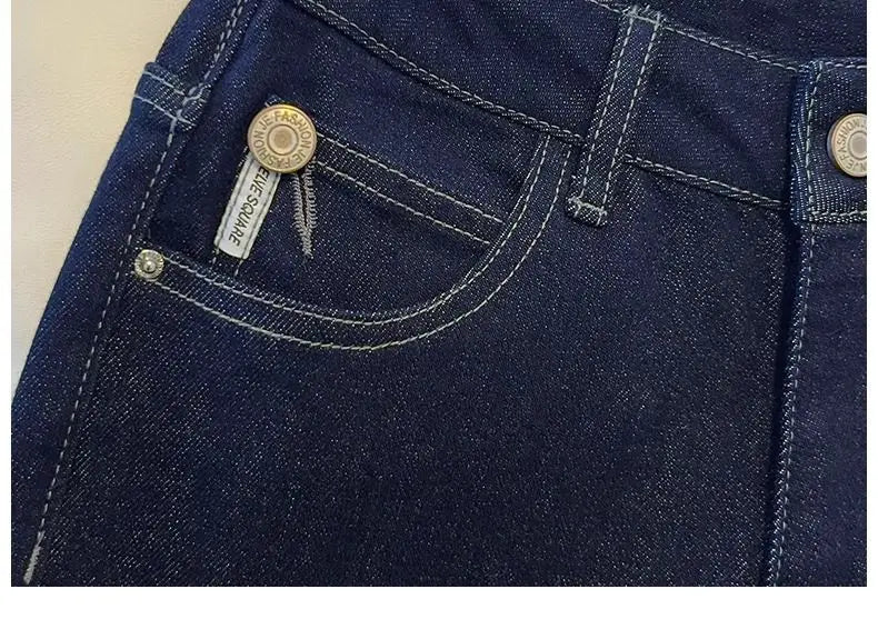 Women's Denim Jeans - Straight Leg with Striped Cuff Detail Classic Five-Pocket Design