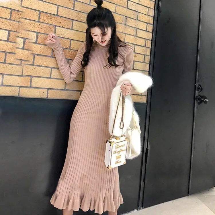 Elegant Knit Flounce Midi Dress
